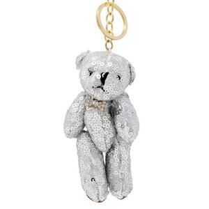 Silver Sequin Jointed Stuffed Teddy Bear Key Ring Bag Charm